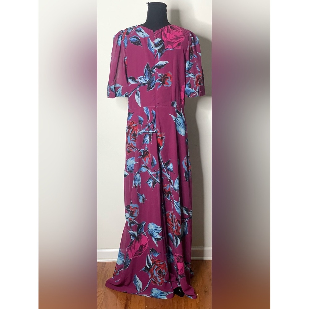 Eshakti-‎ Plum Floral Rose V-Neck Maxi Dress Short Puff Sleeve Special Occasion - Picture 4 of 12